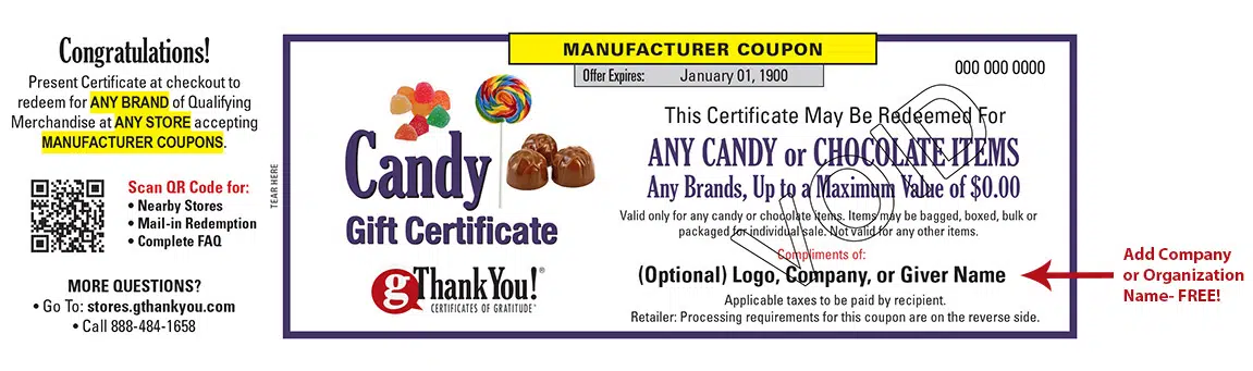 Candy Gift Certificate can be personalized with recipient and giver names!